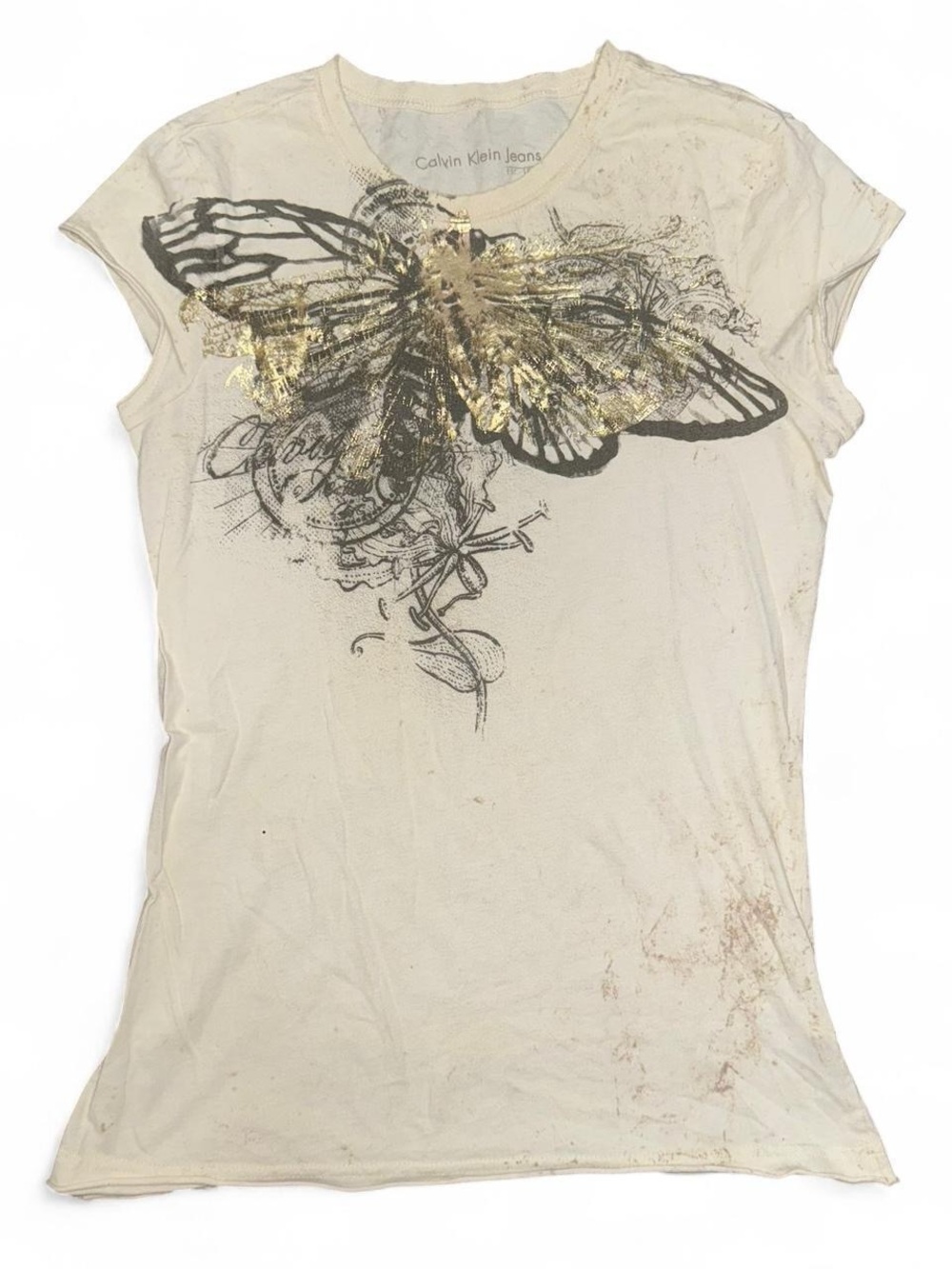 Calvin Klein Jeans Women's Cream Graphic Butterfly Tee Medium
